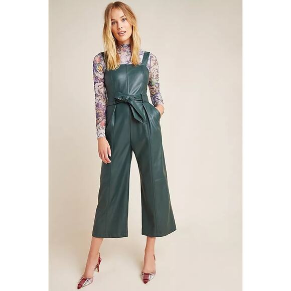 Anthropologie Samira Faux Leather Wide Leg Jumpsuit Hunter Green Belted Size 2 - Picture 1 of 12
